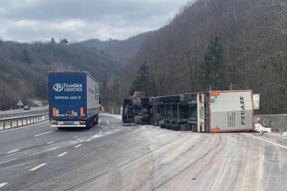 Kontrolden çıkan tır devrildi