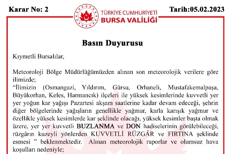 SON DAKİKA; Bursa'da okullar tatil edildi!