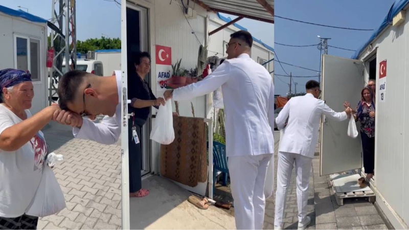 Enkazdan kurtulan genç, üniversite mezuniyetini kutlamak için kestirdiği kurbanın etini konteyner kentte ihtiyaç sahiplerine dağıttı